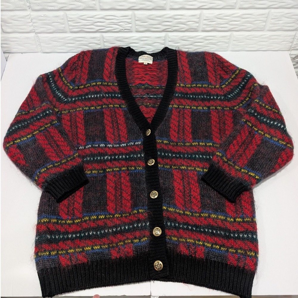 Vintage Susan Bristol Mohair Wool Cardigan Sweater Red Black Plaid Large 90s